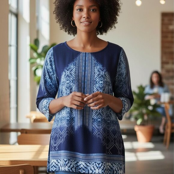 ROSE + OLIVE Batik Blue Tie Dye Tunic Top 1X Plus Blouse Shirt Tribal - Picture 16 of 16